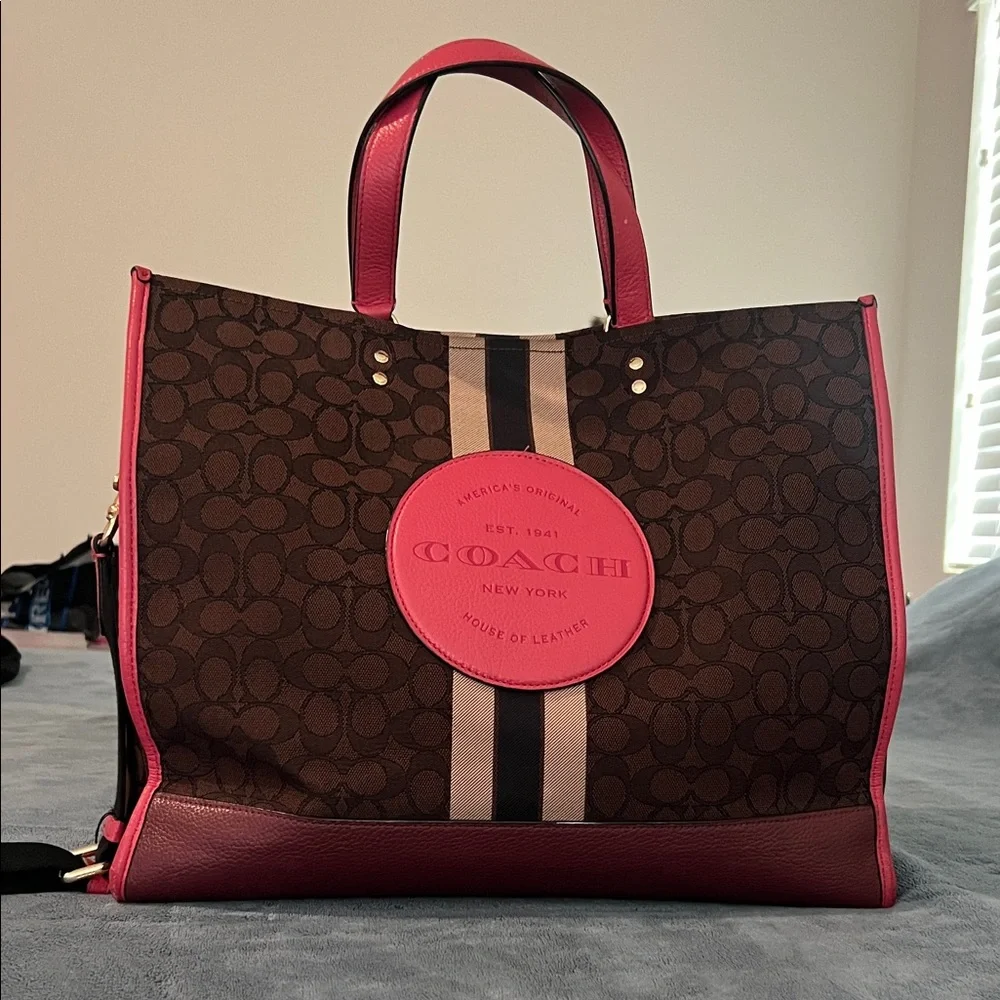 Coach Brown Signature Canvas Tote with Pink Trim